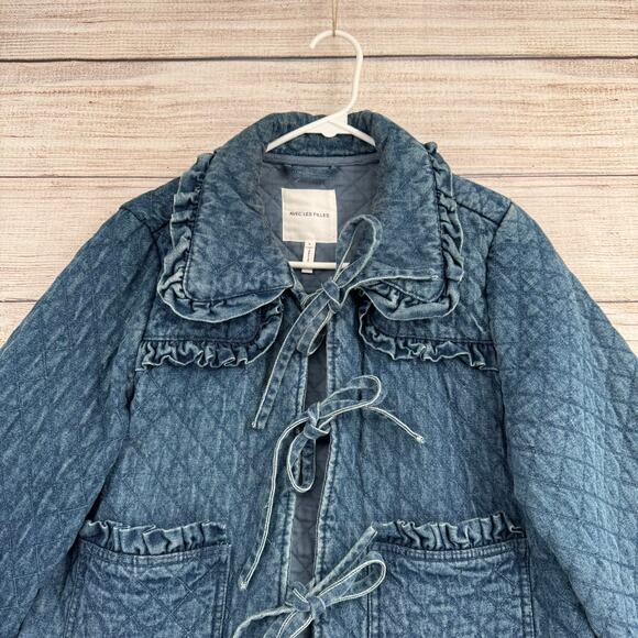 Avec Les Filles Maura Bow Tie Quilted Denim Jacket Womens Small Blue Medium Wash - Picture 3 of 14
